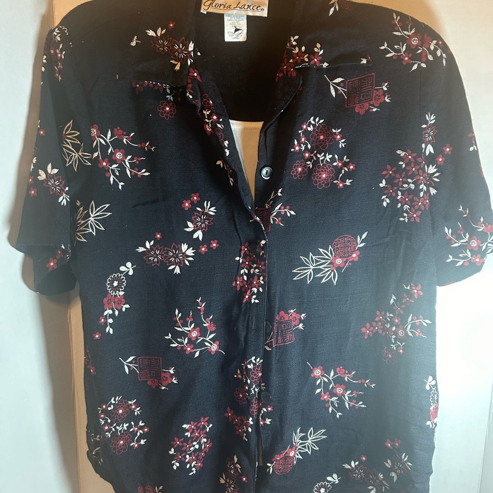 Retro Gloria Lance Black Top with Red Floral and White attached Tank